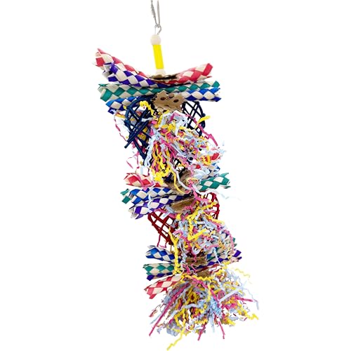 1042 Double Willow Heart Shreddy Bird Toy - Bamboo Finger Traps & Crinkle Paper Cardboard Shreds - Engaging Parakeet Bird Cage Accessories - Natural Foraging Parrot Toys for Cockatiel & Conure