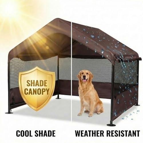 Outdoor Dog Tent, 4'x4'x3' Dog Shade House Shelter for Large Medium Pets | Outside Sun Rain Waterproof Dog Canopy with Three-Sided Breathable Mesh Windows, Livestock House with Ground Nails, Brown - color: Brown (Breathable Mesh Windows)