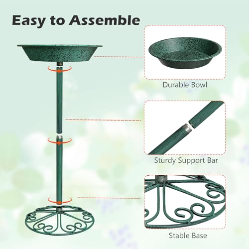 Freestanding Birdbath for Outside, 25.5 inch Height Outdoor Garden Bird Bath, Metal Bird Feeder with Magnetic Dragonfly for Garden Yard Patio Lawn Decor, Green - color: Green