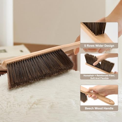 Hand Broom, 3 Pcs Dust Brush Set, 5 Rows Wider Horsehair Brush with Reinforced Fiber and Beech Wood Handle, Soft and Flexible for Furniture, Sofa, Bed, Clothes, Carpet, Counter, Bench