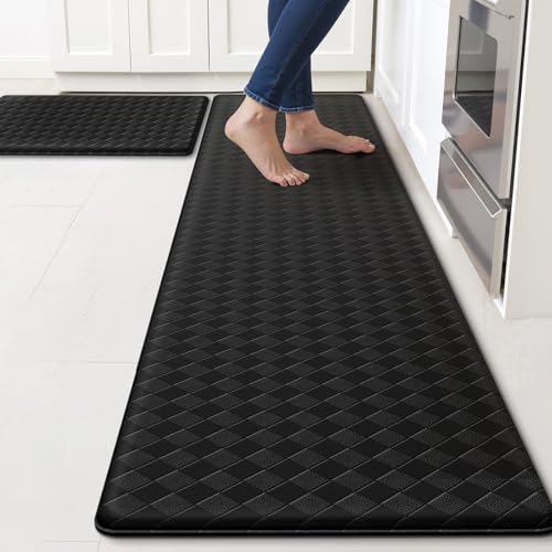 TranquilRelax Kitchen Mats, Cushioned Mats with Extra-Long Runner, Black | Kitchen mats for floor, water-resistant anti fatigue mats for kitchen floor with non-slip backing; 17.3 x 30 and 17.3 x 71 in - color: Black, size: 2-Piece | 30"+71" | Standard