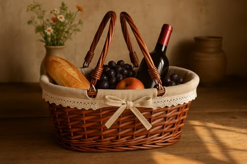 Wicker Gift Baskets Empty Oval Willow Woven Picnic Basket Easter Candy Basket Wine Basket with Handle Egg Gathering Wedding Basket (Brown) - color: Brown, size: Large
