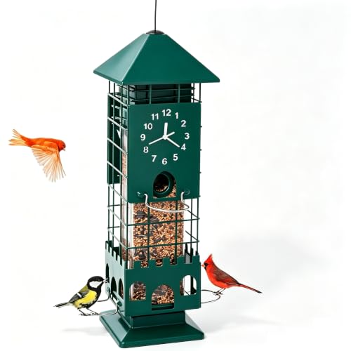 Metal Squirrel Proof Bird Feeders for Outdoors Weight Activated,3 Lbs Green | Hanging Anti Squirrels Buster Mesh Birdfeeders for Outsides Chew & Weather proof, Easy to Fill 4 perches Decor Backyard
