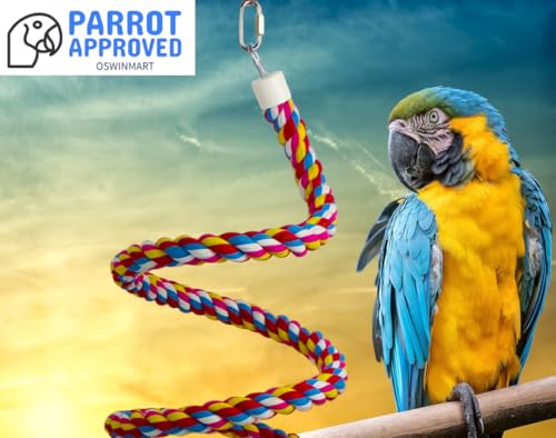 2PCSx 79inch(200cm) Bird Spiral Rope with Golden Bell Perches Birdcage Swing Toys 100% Cotton Natural Bird Perch Peck/Chewing Climbing Standing Bungee Parrot Toys for Regular to Large Size Parrot - size: 79 inches (2 pieces)