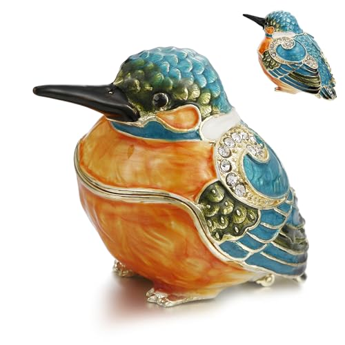 Hand Painted Enamel Kingfisher Trinket Box, Hinged Unique Mini Ring Necklace Jewelry Organizer, Classical Bejeweled Storage, Figurine Collectible Keepsake Home Decor (Kingfisher) - color: Kingfisher