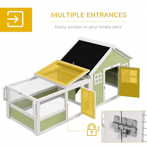 PawHut Rabbit Hutch with Asphalt Roof, Handle, Wheels, 64 Inch Multicolor | Outdoor Rabbit Cage or Guinea Pig Cage, Wooden Bunny Cage, for Rabbits, Chickens, Ducks, Small Animals, Quail Hutch
