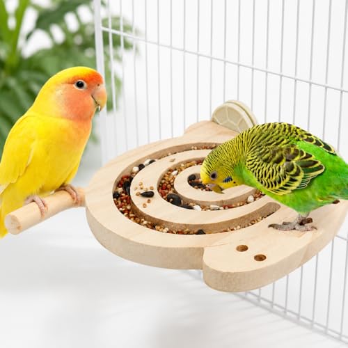 Bird Foraging Toy with Perch, Natural Kiln-Dried Wood Slow Feeder Puzzle Toy for Parakeets, Budgies Cockatiels Conures Relieve Boredom Reduce Seed Mess Prevent Overgrown Beaks for Small & Medium Birds