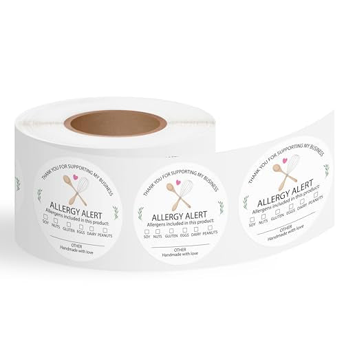 Food Allergy Alert Stickers - 500 Count Allergen Warning Label Writable Ingredient Adhesive Round Decal Roll, Food Alert Safety for Restaurant Home Kitchen Bakery Cake Shop (2 x 2 Inch, White) - color: Food Allergy White