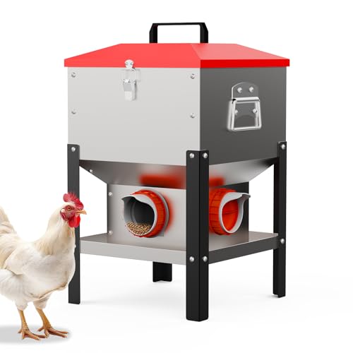 35LB Large Automatic Chicken Feeder- 4 Ports Metal Chicken Feeders, Dual No Waste Design with Locking Lid & Riveted Handles, Rainproof Poultry Feeder for Chickens, Ducks, Geese