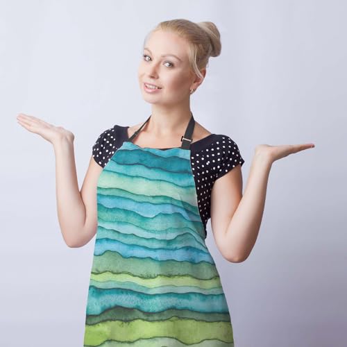 Garden Apron for Women Blue and Green Waves Cute Aprons for Men for Kitchen Cooking Restaurant BBQ Painting Crafting Gardening 27” (W) x 31” (H), Waterproof Apron - color: Blue and Green Waves