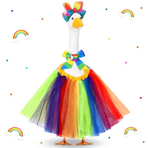 Abbylike Rainbow Porch Goose Outfit Pride Goose Outfit LGBTQ Lawn Geese Costume Clothes with Bow Headband and Tie Fits 23" Cement Geese Statue for Pride Month Outdoor Garden Yard Patio Art Decor - style: Halloween Rainbow