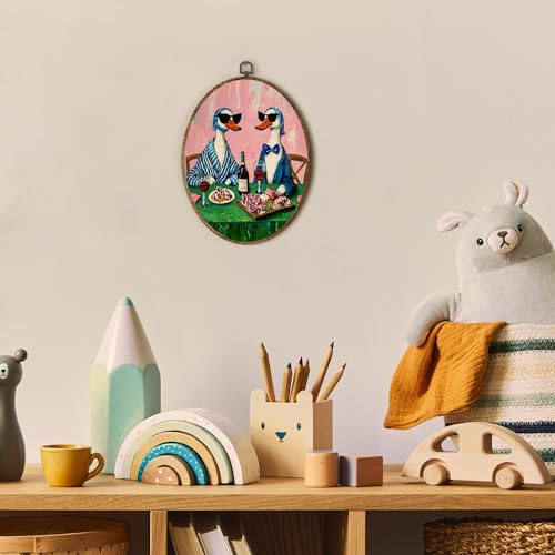 EGVQK Vintage Funny Ducks Oval Wall Art, Whimsical Goose Wine Dinner Party Framed Canvas Prints Wall Art, Retro Quirky Duck Oval Canvas Hanging Decor for Kitchen Bar Dining Room Decorations,8.5x11.5in - color: animal_15