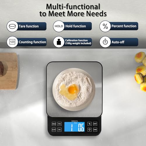 BOMATA Large Kitchen Scale 0.1g/0.001oz High Precision, 11lb Bakery Scale | % Percentage Function, USB Rechargeable, Full-View Angle LCD with Backlight, Stainless Steel Pan