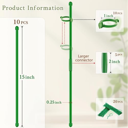 Plant Support Stakes for Indoor SupKing Orchid Sticks with Clips Garden Stake Extended to 2/3/4ft for Outdoor Potted Tomato Rose Vegetables House Palnts Comes with 20 Plants Ties(15 inch 10Pcs) - color: Green