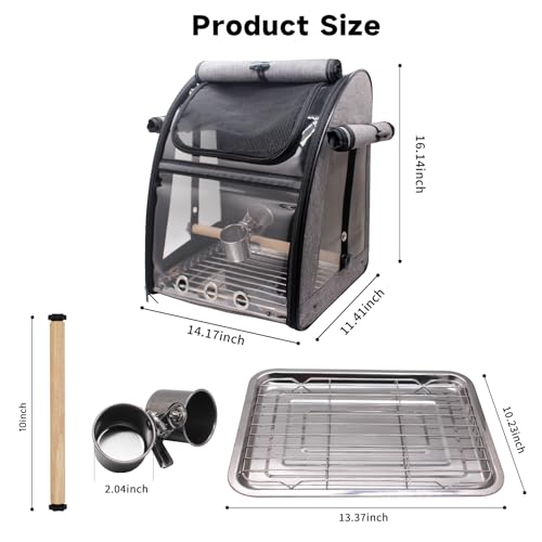 Bird Carrier Bag with Perch, Bird Travel Carrier Backpack with Stainless Steel Plate and Mesh, Portable Transparent Parakeet Travel Cage with Feeder Cups for Small Birds Parakeet Parrot