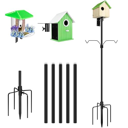 YINGYM 95 Inch Bird House Pole Mount Kit for Outdoors Heavy Duty | Adjustable Metal Bird Feeder Stand Pole with 2-Hooks, 5-Prong Base for Garden, Backyard and Patio Use - size: 95 inch