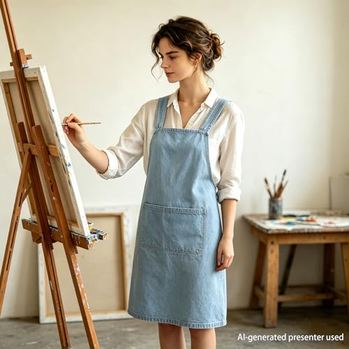 Adult Jour Denim Apron with Front Pockets | Cross Back Aprons Lightweight, Durable & Stain-Resistant for Kitchen Cooking, Gardening, Gift for Women, Man