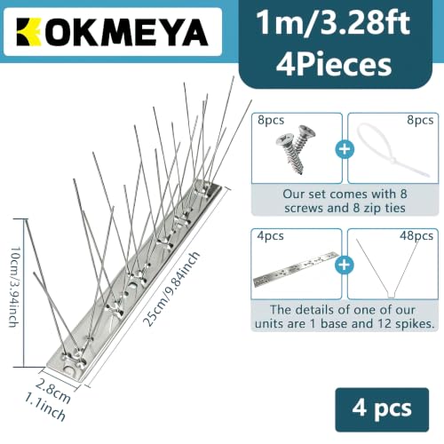 Bird Spikes 3.28FT, 304 Stainless Steel Bird Deterrents Spikes for Outside to Keep Birds Away Birds Scare Devices Outdoor 4Pcs - size: 3.28Feet
