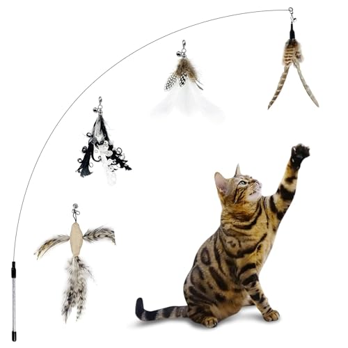 TTcat Cat Wand Toys,Interactive Bird Simulation Toy Set,Fishing Pole,35'' Flexible Steel Wire and 4Pcs Feather Refills,Teaser Toys for Indoor Cat and Kitten.