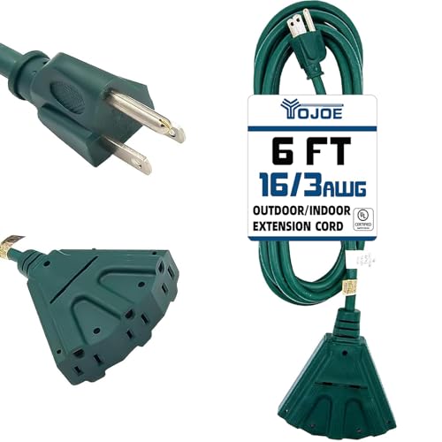 YOJOE 3-Outlets Indoor Outdoor Extension Cord, 3 Prong 13A Weatherproof Power Cord Multiple Outlets, 16 Gauge Heavy Duty 6 ft Green Extension Cord for Garage, Garden, 16/3 SJTW UL Certified - color: Green, size: 6 Foot, style: Standard