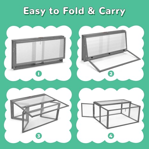 Portable Chicken Coop with UV-Proof Panel, 4X Garden Stakes, Wooden Rabbit Hutch, Chicken Brooder Box Indoor, Outdoor Folding Chicken Cage, Top & Side Openable Doors, 43.3Inch (Gray) - color: Gray-UV Proof Panel