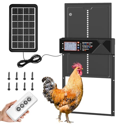 Automatic Chicken Coop Door Solar Powered with 4 Modes and Anti-Pinch | LCD screen electric chicken coop door with Timer & Light Sensor, Aluminum Alloy Chicken Door with Anti-Pinch, Remote Control