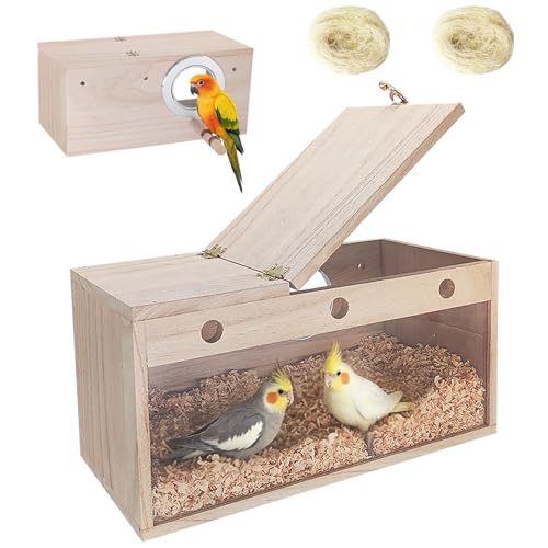 Tfwadmx Parakeet Nesting Box, Transparent Bird Nest Breeding Box, Wood Parrot Nest Box with Perch Bird Cage House for Cockatiel Lovebirds Budagie Canary Finch(L) - color: L