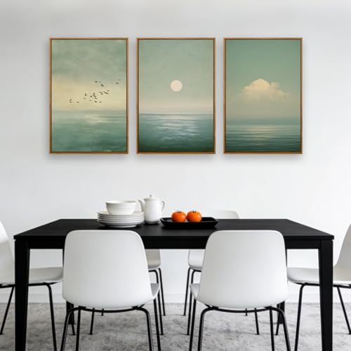 QTUSYUR Japandi Wall Art - Large Farmed Minimalist Sage Green Sunset Art Print - Abstract Calm Seascape Artwork for Bedroom Yoga Room - Scandinavian Zen Peaceful Wall Picture for Home Decor 16”×24”×3 - style: Seascape