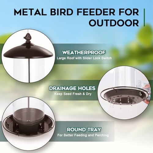 Gbekery Metal Bird Feeders for Outdoors Hanging, Weather Resistant Wild Bird Feeder with 360 Degree Feeding Tray, Brown - color: Brown
