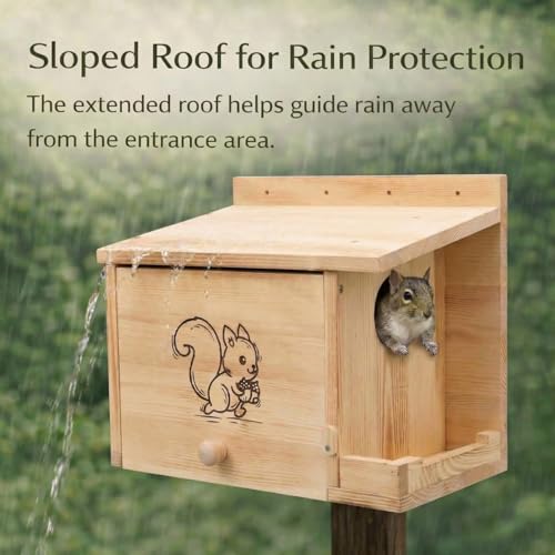 Extra Large Squirrel Houses for Outside 15.7" Outdoor Nest Box with Feeder | Carbonized pine wood, anti-predator design, Mounts on tree or fence. 2-in-1 shelter and feeder for backyard wildlife - size: L