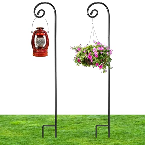 Hicarer 2 Pcs 48 Inch Shepherds Hooks for Outdoor 1/3 Inch Thick Metal Curled Garden Hooks Adjustable Bird Feeder Pole for Hanging Lanterns Plant Baskets Mason Jars Solar Lights Wedding Decor
