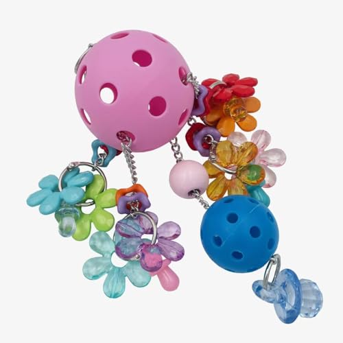 Pullable Bird Plastic Ball Toys with Acrylic Pacifiers and Flowers, Colorful Parrot Toys for Medium and Large Parrot Quaker Monk Parakeet Sun Conures (Pink) - color: Pink