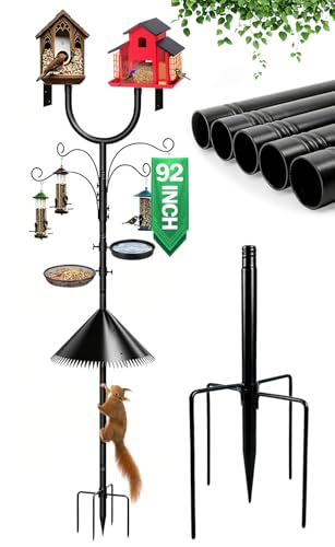 92 Inch Squirrel Proof Bird Feeder Pole, Heavy Duty Bird Feeder Stand, Adjustable Double Shepherds Hooks for Outdoor with Squirrel Baffle Birdbath Tray for Garden Attracting Wild Birds