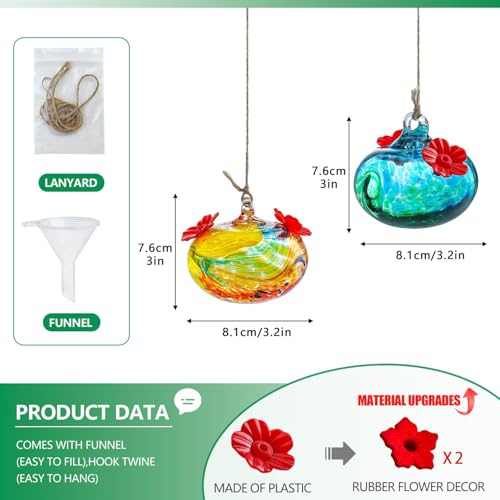 Pack 2 Blown Glass Hummingbird Feeders for Outdoors Window Hanging | Ant and Bee Proof - color: Color-3