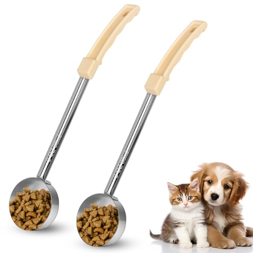2 Pcs Dog Food Scoop 1/3 Cup Stainless Steel Dog Food Measuring Cups Long Handled Scoop for Dogs Cats Birds and Rabbits Food(1/3 CUP) - size: 1/3 CUP
