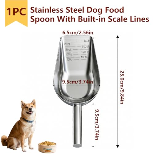304 Stainless Steel Dog Food Scoop, 1 Cup Pet Food Measuring Cup with Long Handle for Dogs, Cats, Rabbits and Kitchen