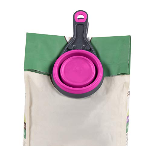 Dexas Popware for Pets Collapsible Klip Scoop, 3-in-1 Pet Food Scoop, Measuring Cup and Bag Clip, 1 Cup Capacity, Fuchsia - color: Fuchsia, size: 1 Cup Capacity