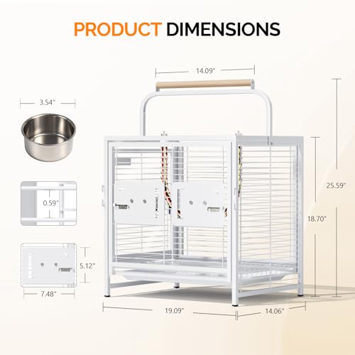 VINGLI Small Bird Cage, 19 inch Travel Carrier Bird Cage with Handle, Wrought Iron Parakeet Cage with Wooden Perch for Parrot Lovebirds Finches Small/Medium Birds (White) - color: White
