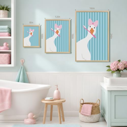GELDSTEI Wood Framed Funny Brushing Teeth Goose Bathroom Wall Art 12x16 in | Funny Soft Tone Wall Decor, Pink Bow and Toothbrush Goose Art Print, Bathroom Decor for Nursery and Powder Room - color: Goose, size: 16"L x 12"W
