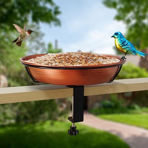 Deck Bird Bath for Outdoors, 11" Copper Metal Birdbath Bowl with Adjustable Big Steel Clamp Backyard Bird Bath&Bird Feeder for Railing Balcony Fence Yard Art Garden Decor - color: Antique Copper