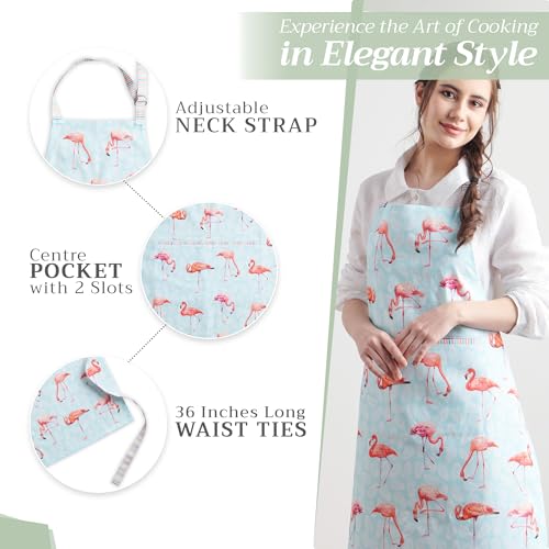 Maison d' Hermine Aprons for women with Pocket 100% Cotton (27.50"x31.50") | Adjustable Neck Strap & long ties Apron Men Chef Wedding Cooking Gardening Server Maid - color: 040 - Flamingo Love