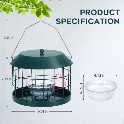 Gbekery Caged Bluebird Feeder for Mealworms with Glass Bowl, Squirrel Proof Bird Feeder for Small Birds Only, Detachable Hook, Large Space, Outdoors Weatherproof, Metal, Green - style: Green Glass Bowl