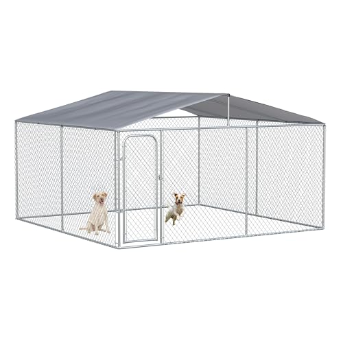 PawHut Outdoor Dog Kennel for Large Breeds 13' x 13' x 7.5' | Heavy Duty Dog Run Outdoor Fence, Waterproof Cover, Galvanized Chain Link, Secure Lock, for Chickens, Ducks - size: 157.5"L x 157.5"W x 91.3"H
