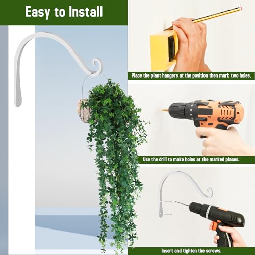 Heavy Duty Plant Hooks - 2 Pack 8 Inch Wall Mounted Hanging Brackets, 44lb Capacity Steel Plant Hangers for Bird Feeders, Baskets, Wind Chimes -White - color: White, size: 8 Inch