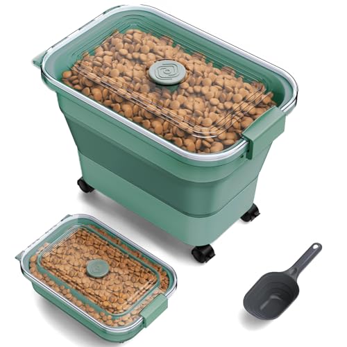 Dog Food Storage Container, 15-23 Lbs Collapsible Dog Food Container with Transparent Airtight Lid, Wheels and Scoop, Travel Pet Food Storage Container for Cat, Dog and Bird, Keep Dry Food Fresh - color: Green