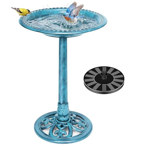 VIVOHOME Bird Bath with Solar Fountain for Outside, Pedestal, Blue | Solar-Powered Pump, Weather-Resistant Polyresin, 20-Inch Bowl, for Outdoor/Garden, Bird-Friendly, Easy to Clean - color: Blue