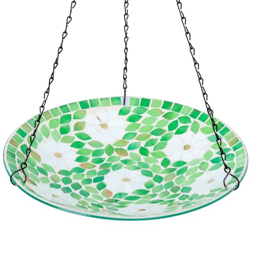 Hanging Mosaic Bird Bath Outdoor, Glass Bird Feeder for Garden Decor | 12 Inch Mosaic Hanging Birdbath for Outdoors, Glass Bird Water Bowl Flower Leaf Feeders for Outside, Garden, Lawn Yard Decor