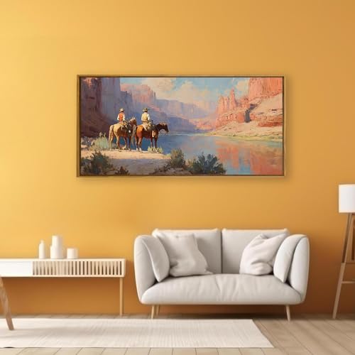 QTUSYUR Western Cowboy Wall Art - Large Farmed Desert Landscape Art Print -Rodeo Horseback Riding Canvas Artwork for Farmhouse Boys Bedroom Living Room- Mid-Century Modern Wall Picture for Home Decor 20×40 IN - style: cowboy