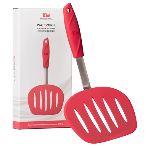 Kitchen Mama WaltzGrip Platinum Silicone Pancake Spatula Turner, Red | Heat-Resistant, Slotted Tapered Head, Stainless Steel Core, Durable and Dishwasher-Safe, For Flipping and Wok Use - color: Red