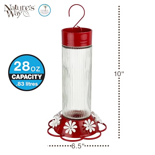 Nature's Way Hanging Glass Hummingbird Feeder for Outdoor Décor, 28 Ounce Capacity Nectar Feeder, Ant Moat, 7 Easy to Clean Flexible Ports, Red - style: 28 Ounce Capacity